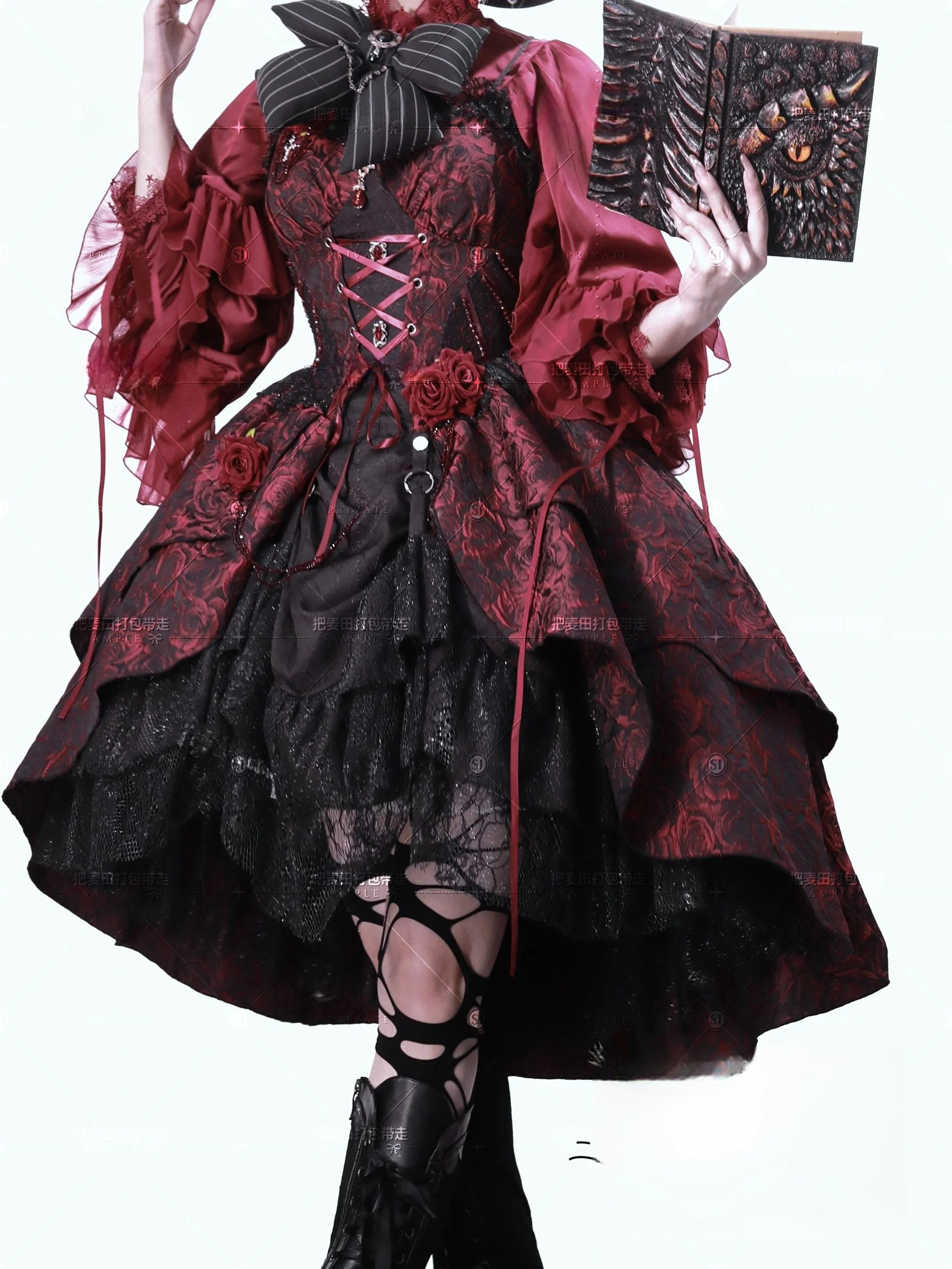 Rose Blood - Black Red Gothic Lolita JSK Jacquard Court Dress - Image 10
