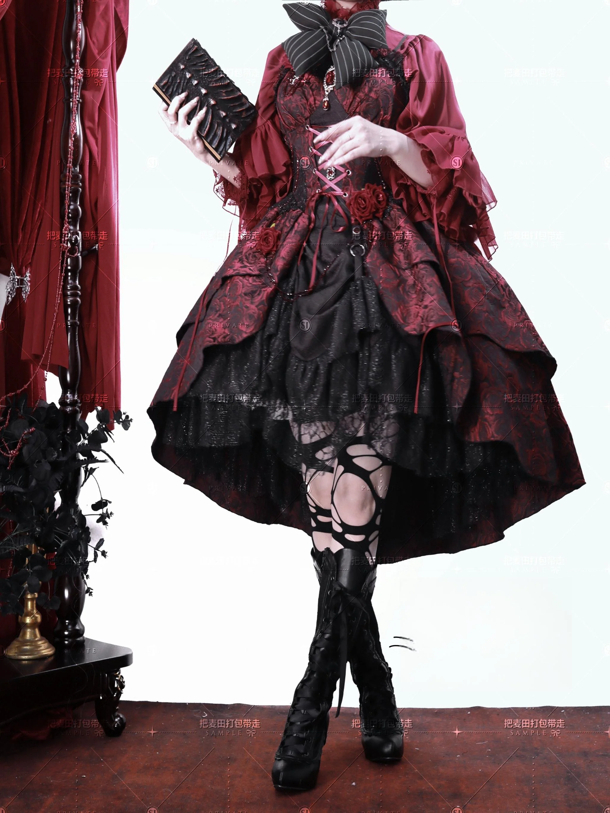 Rose Blood - Black Red Gothic Lolita JSK Jacquard Court Dress - Image 11