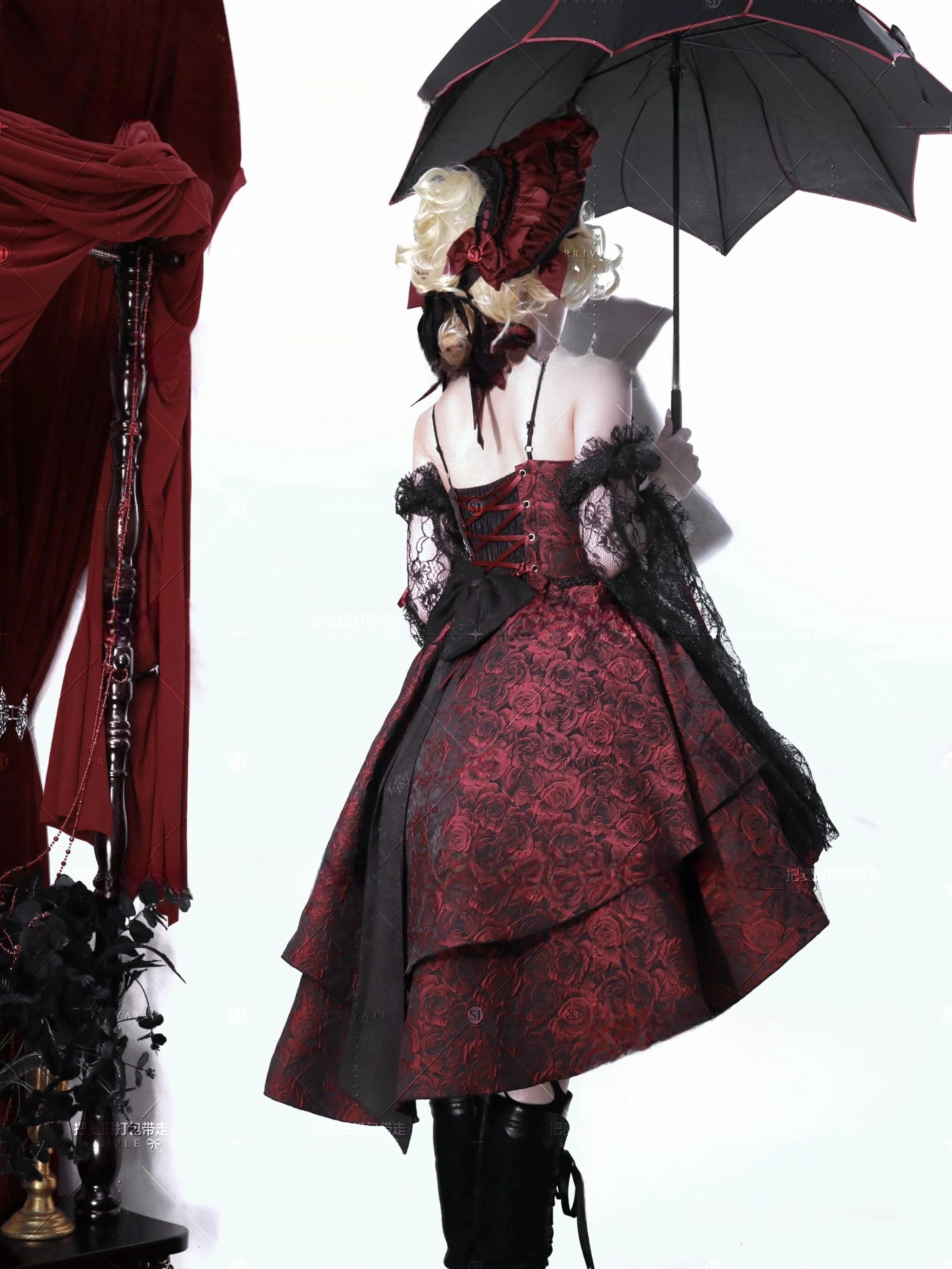 Rose Blood - Black Red Gothic Lolita JSK Jacquard Court Dress - Image 12