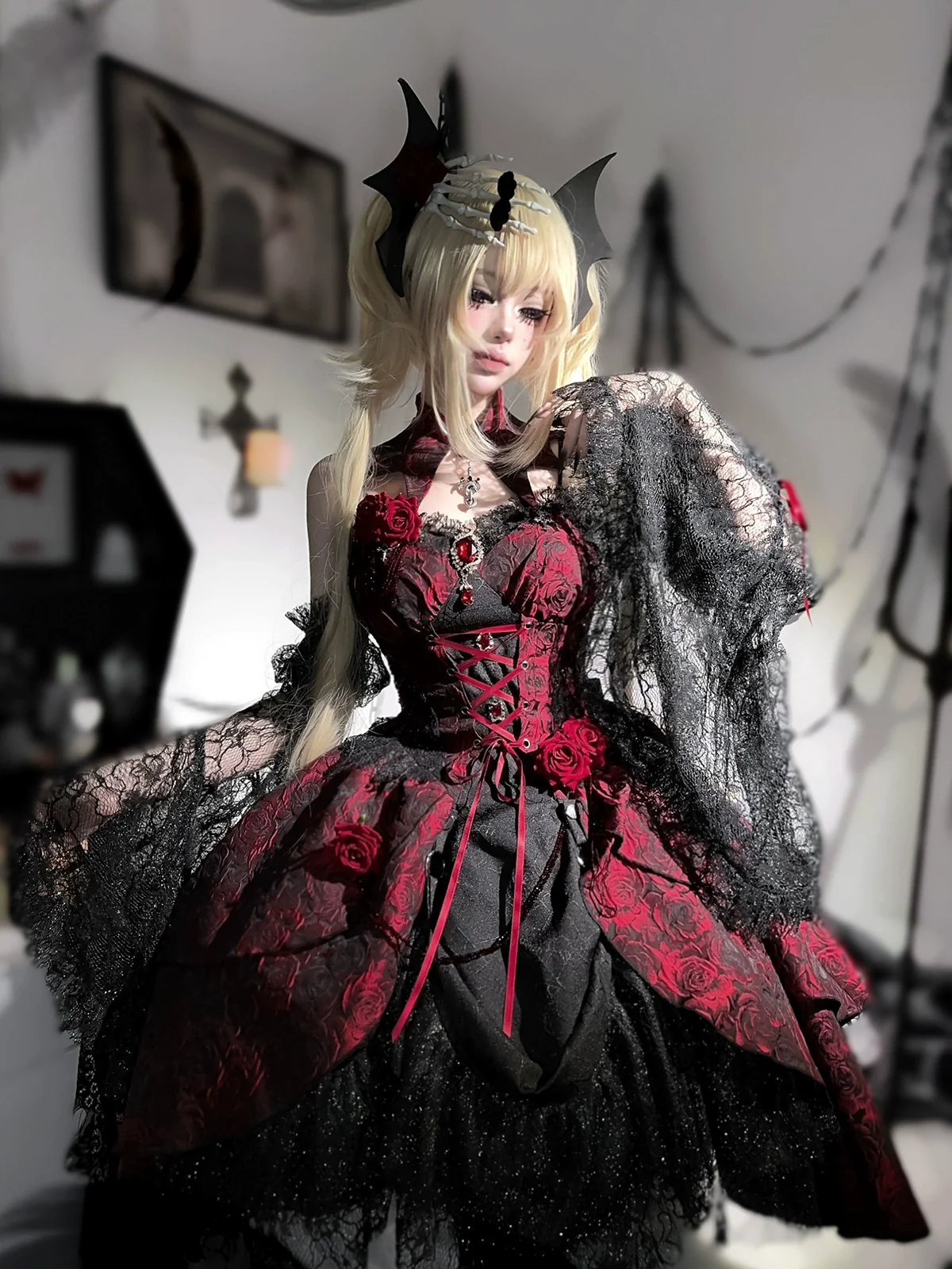 Rose Blood - Black Red Gothic Lolita JSK Jacquard Court Dress - Image 13