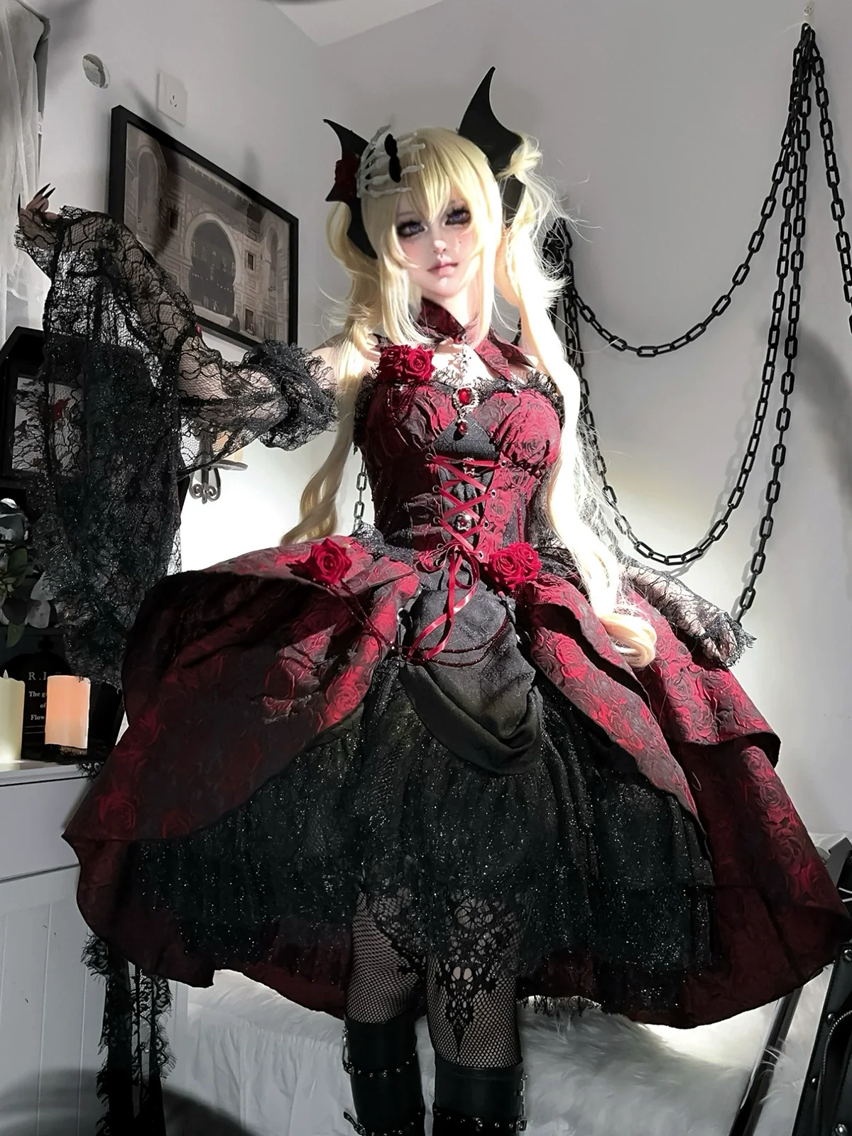 Rose Blood - Black Red Gothic Lolita JSK Jacquard Court Dress - Image 14