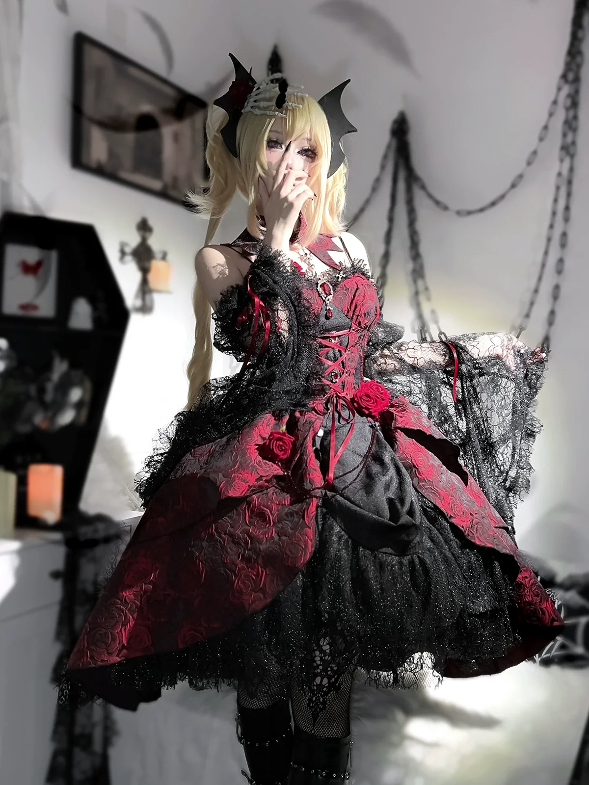 Rose Blood - Black Red Gothic Lolita JSK Jacquard Court Dress - Image 15