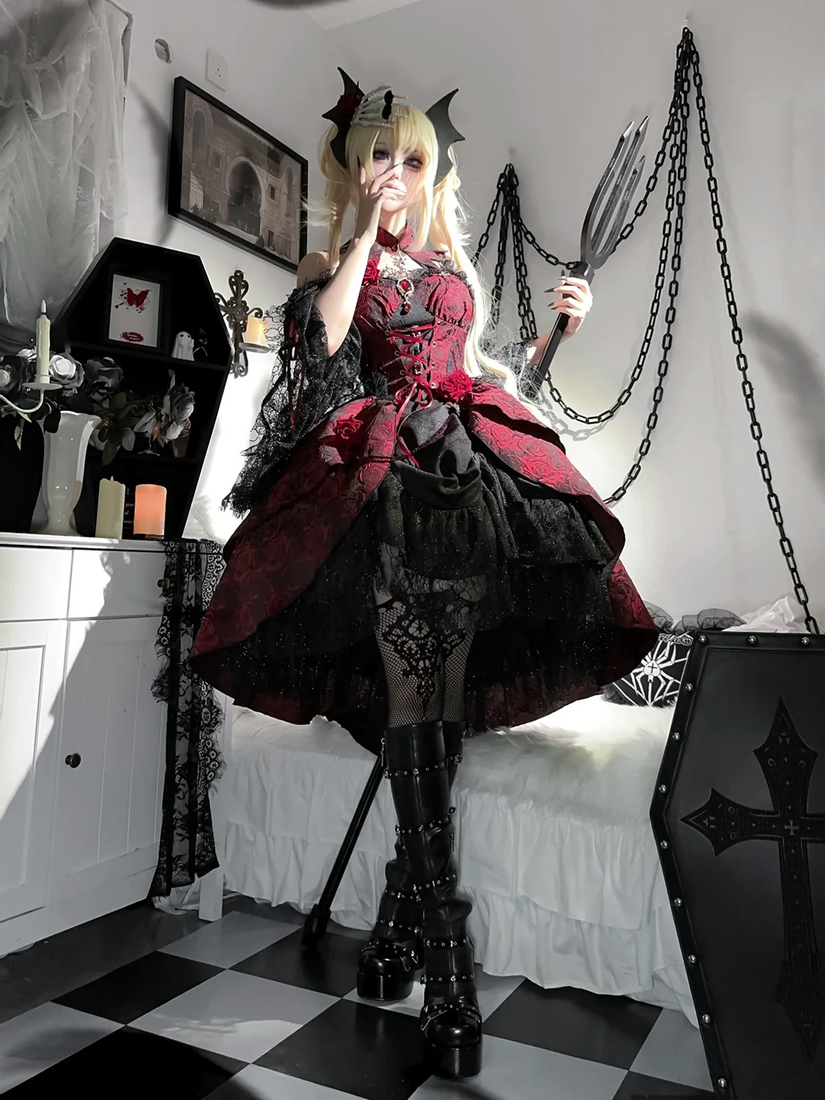 Rose Blood - Black Red Gothic Lolita JSK Jacquard Court Dress - Image 16