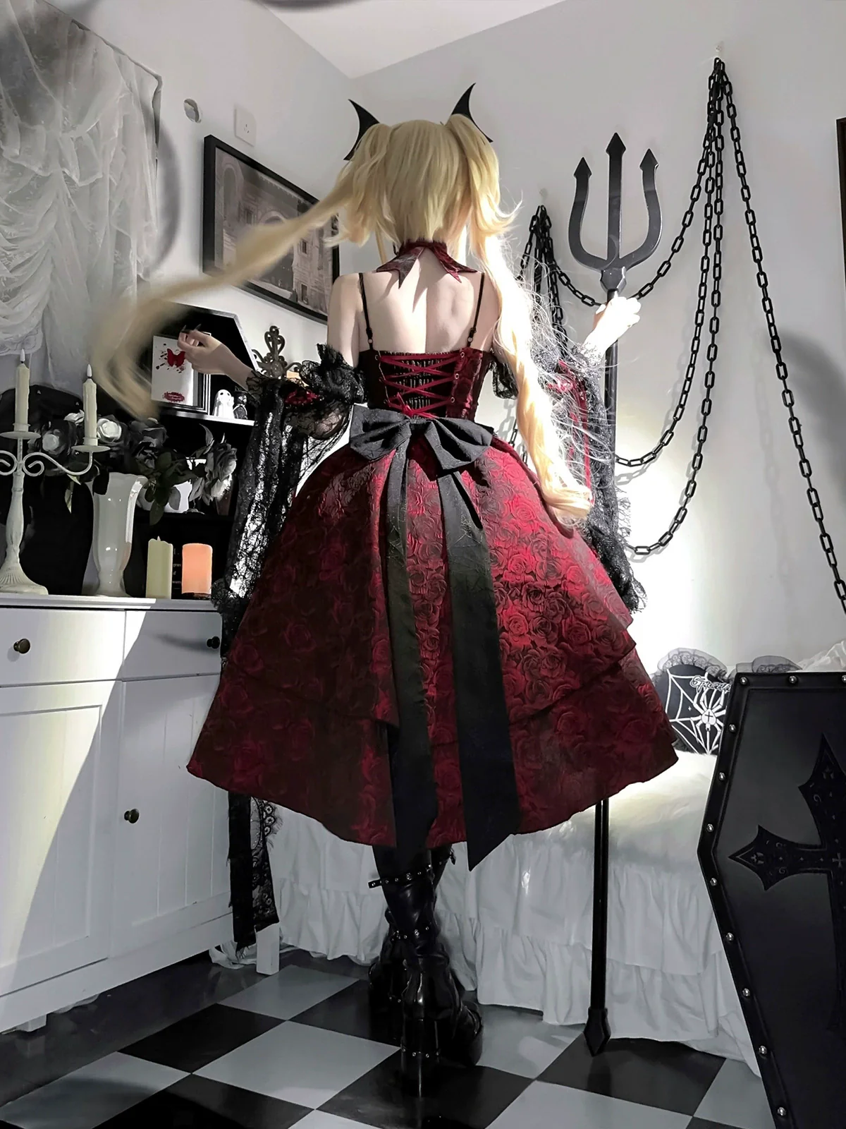 Rose Blood - Black Red Gothic Lolita JSK Jacquard Court Dress - Image 17