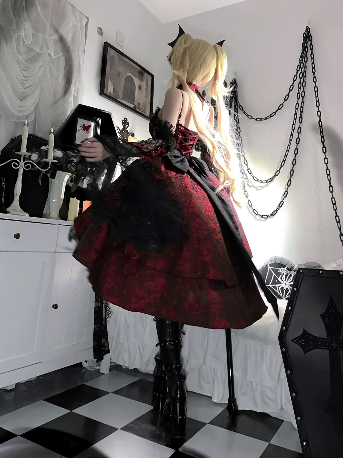 Rose Blood - Black Red Gothic Lolita JSK Jacquard Court Dress - Image 18