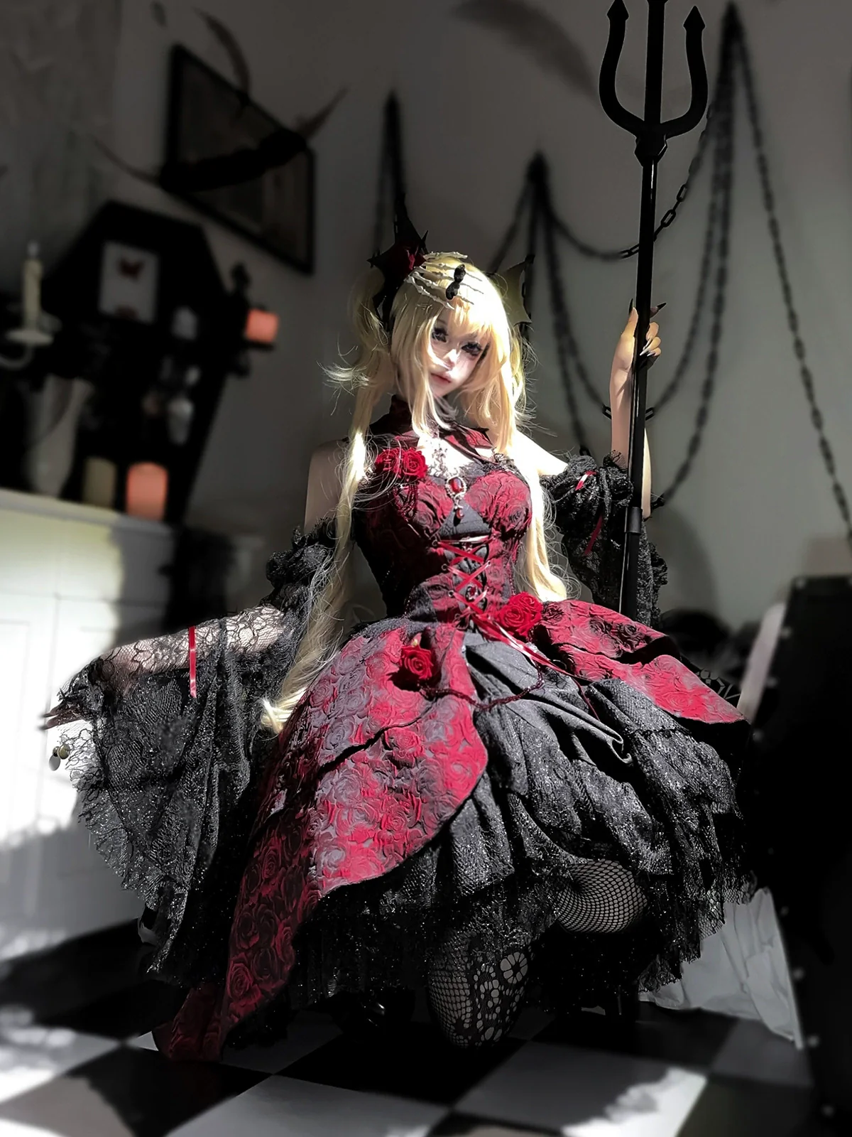 Rose Blood - Black Red Gothic Lolita JSK Jacquard Court Dress - Image 19