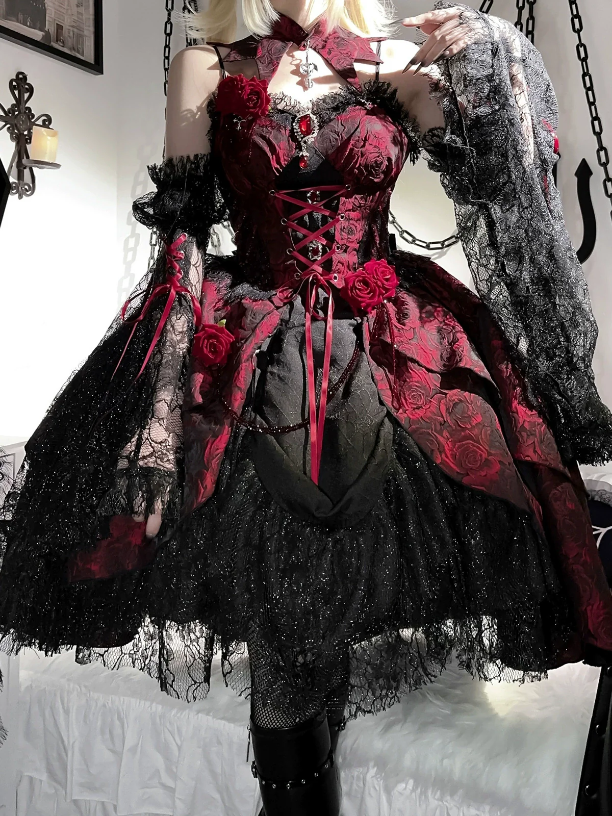 Rose Blood - Black Red Gothic Lolita JSK Jacquard Court Dress - Image 20