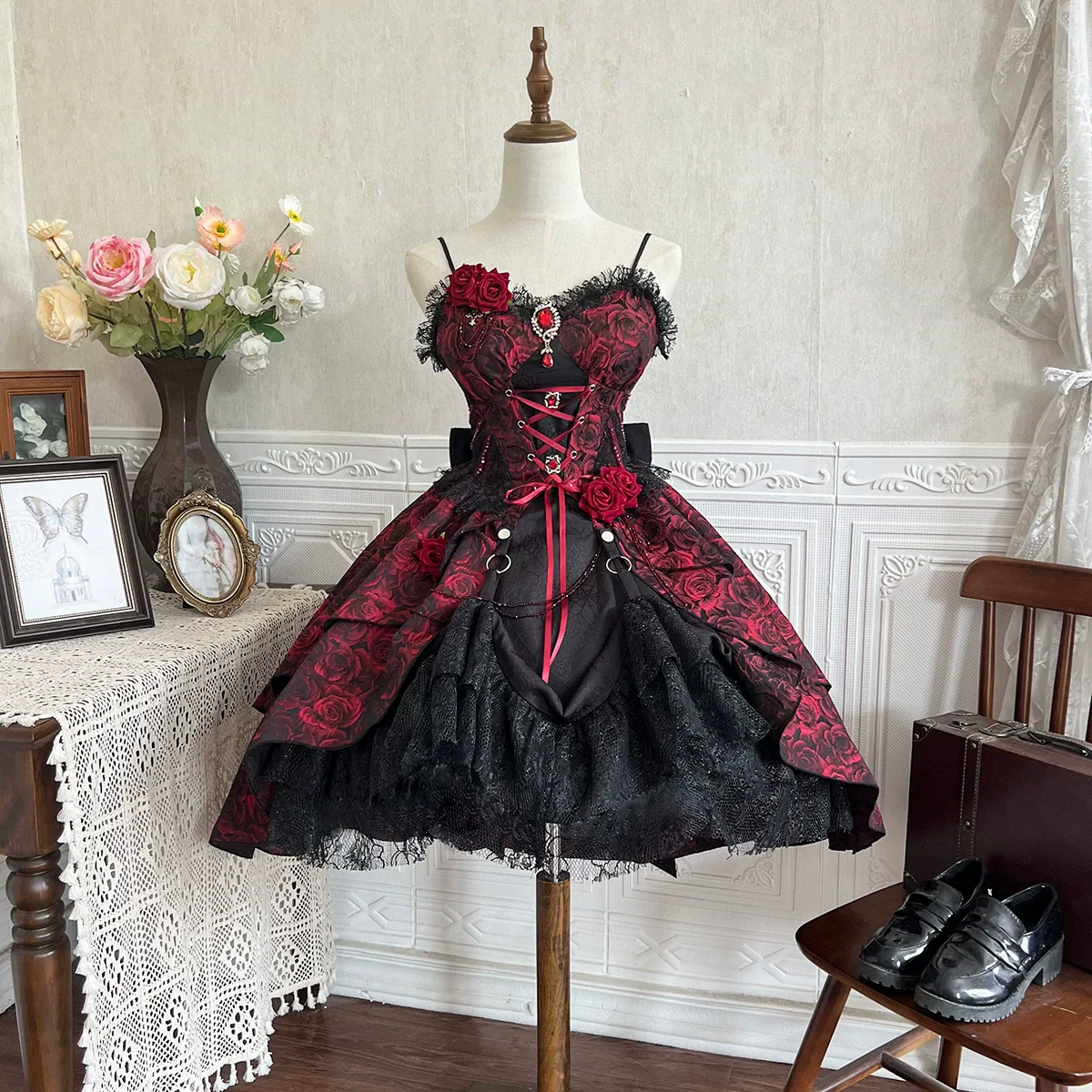 Rose Blood - Black Red Gothic Lolita JSK Jacquard Court Dress - Image 21