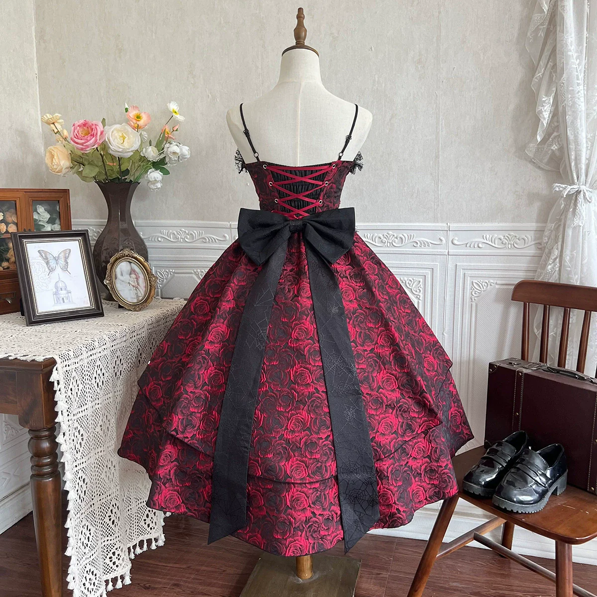 Rose Blood - Black Red Gothic Lolita JSK Jacquard Court Dress - Image 22