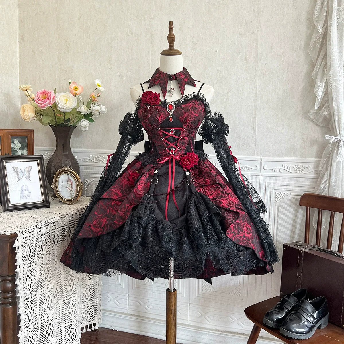 Rose Blood - Black Red Gothic Lolita JSK Jacquard Court Dress - Image 4