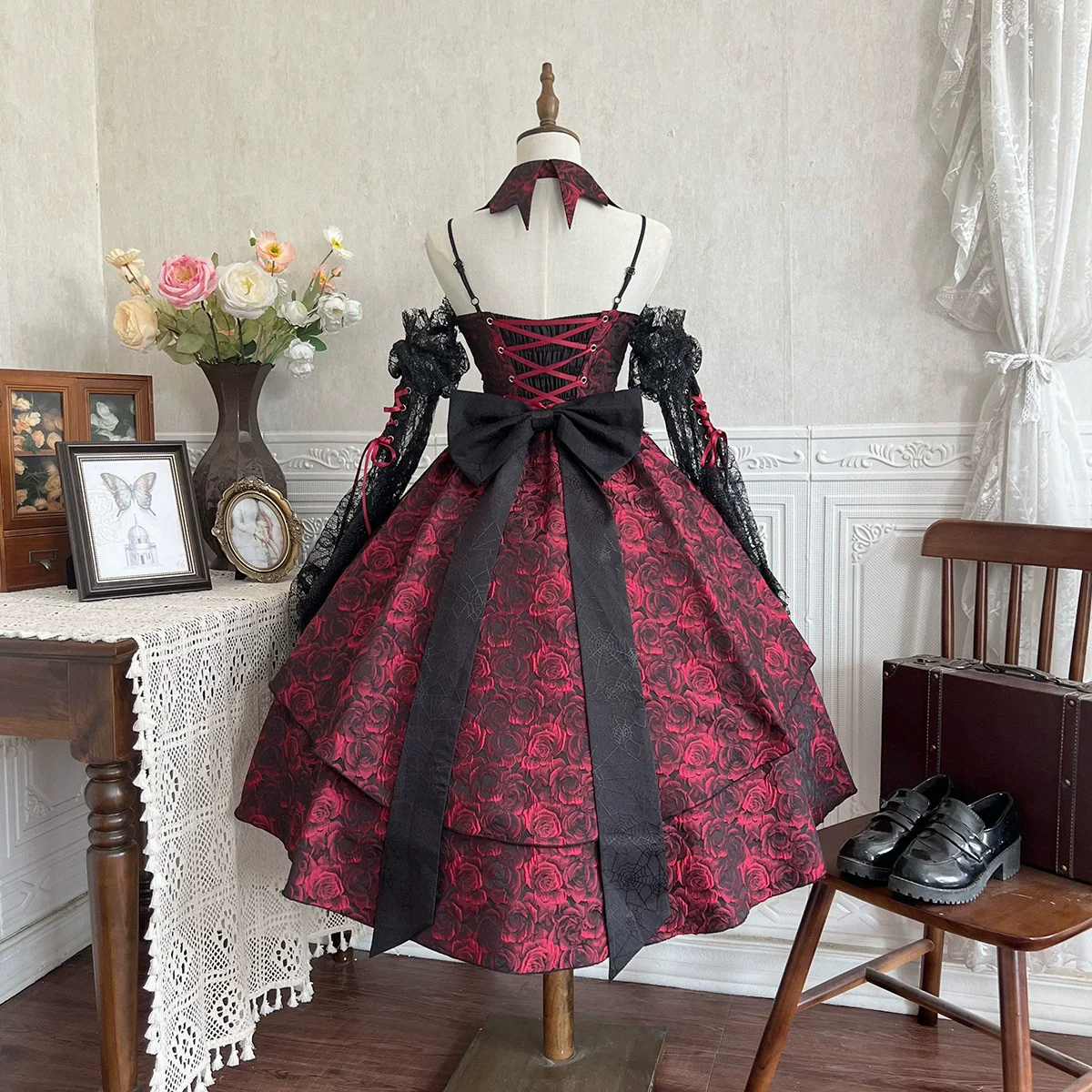Rose Blood - Black Red Gothic Lolita JSK Jacquard Court Dress - Image 5