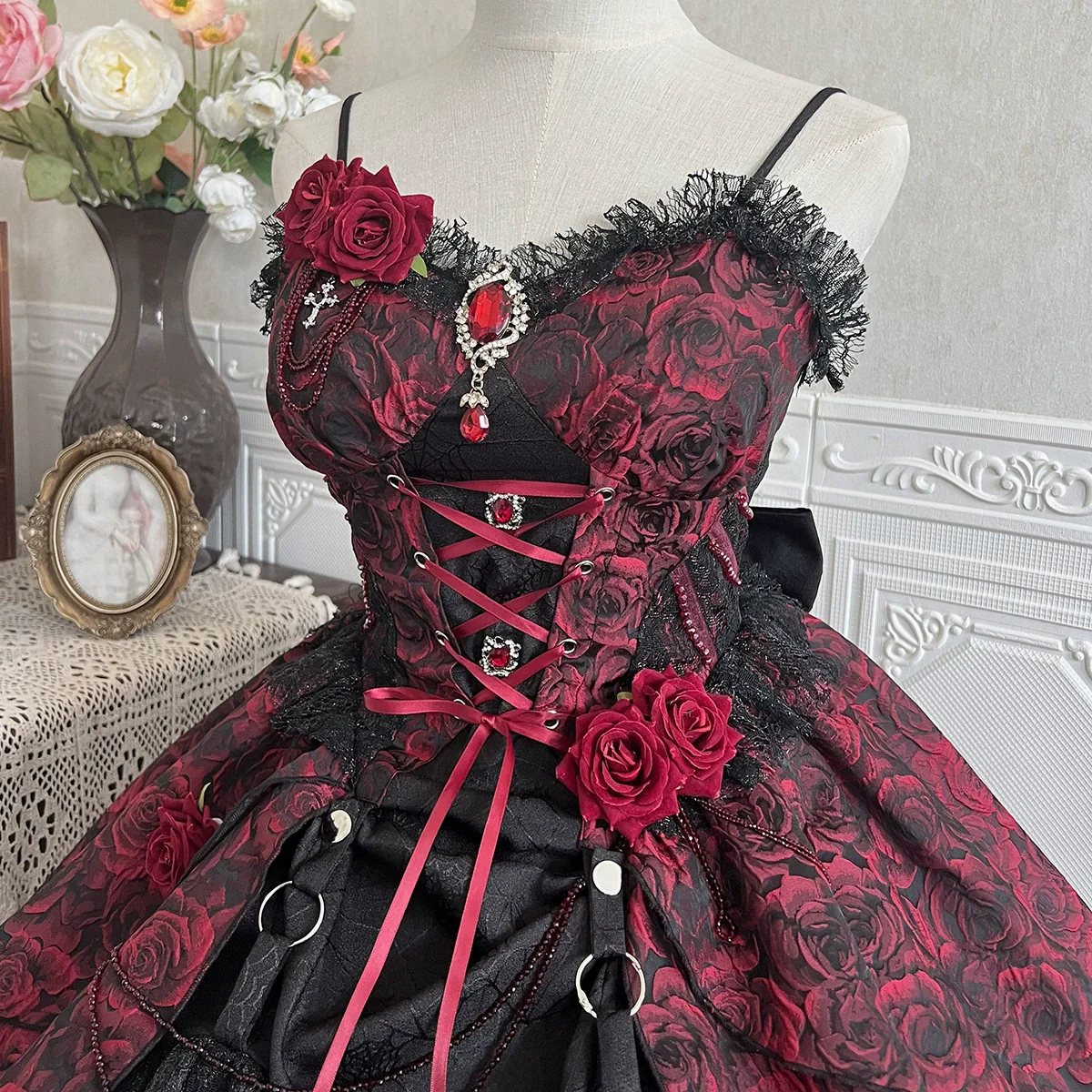Rose Blood - Black Red Gothic Lolita JSK Jacquard Court Dress - Image 6
