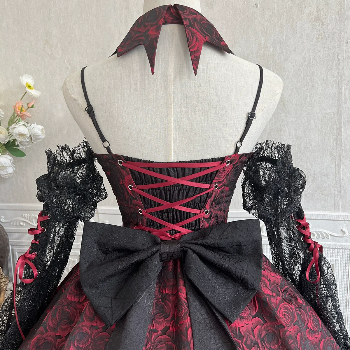 Rose Blood - Black Red Gothic Lolita JSK Jacquard Court Dress - Image 7