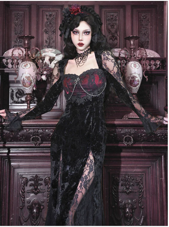Blood Supply - Rose Cemetery - Dark Red Velvet Mermaid Gothic Lolita Dress - Image 10