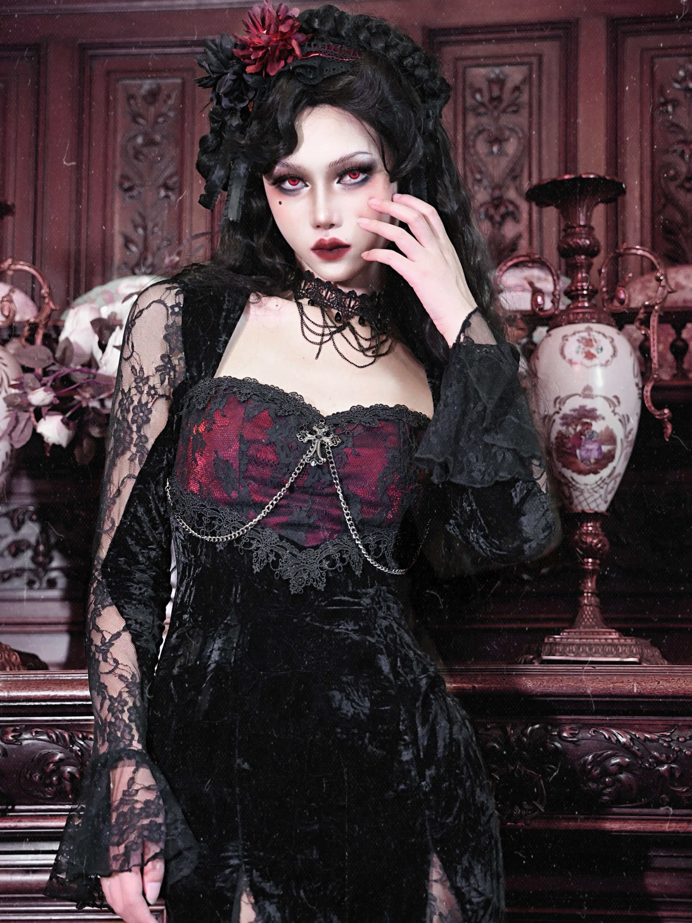 Blood Supply - Rose Cemetery - Dark Red Velvet Mermaid Gothic Lolita Dress - Image 4