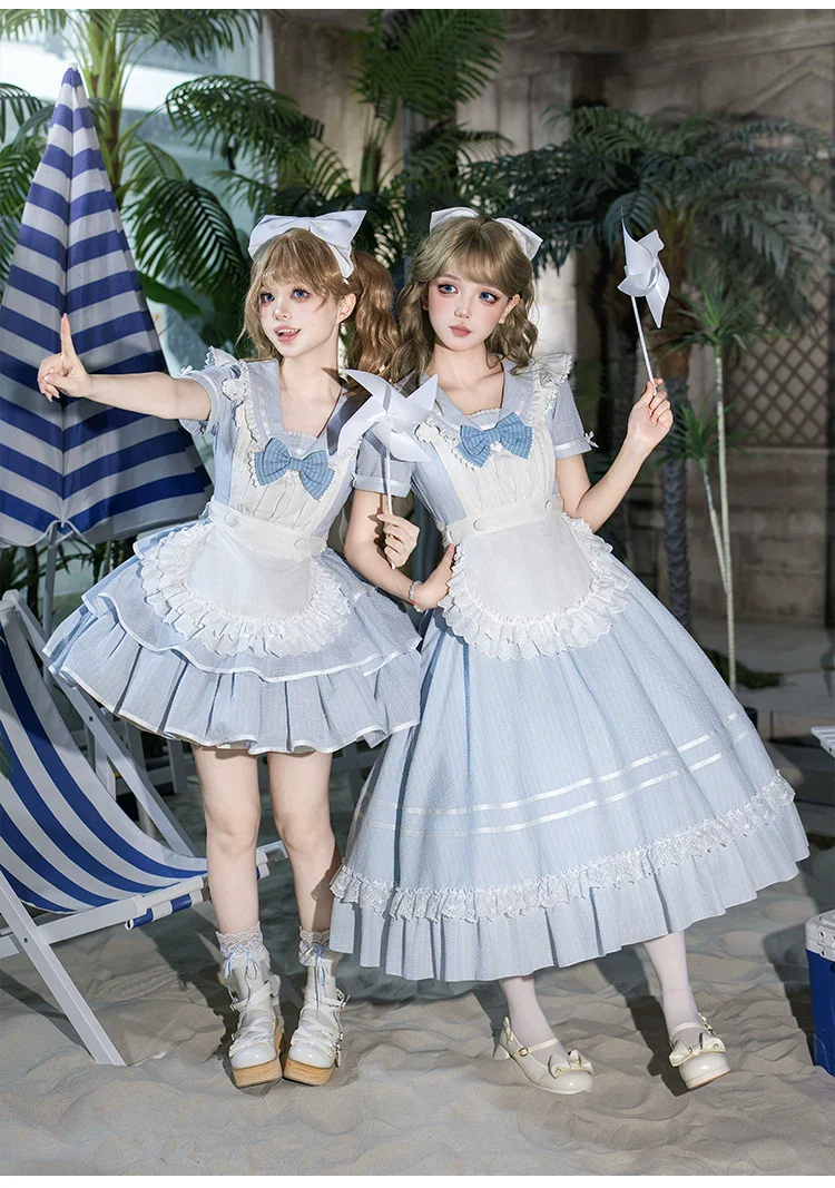 Seven-Day Bell - Blue Classic Lolita Striped OP Dress, Sailor Collar - Image 19