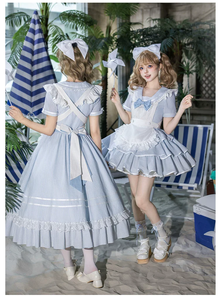 Seven-Day Bell - Blue Classic Lolita Striped OP Dress, Sailor Collar - Image 2