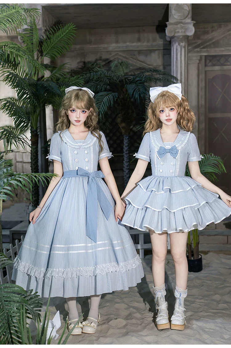 Seven-Day Bell - Blue Classic Lolita Striped OP Dress, Sailor Collar - Image 20