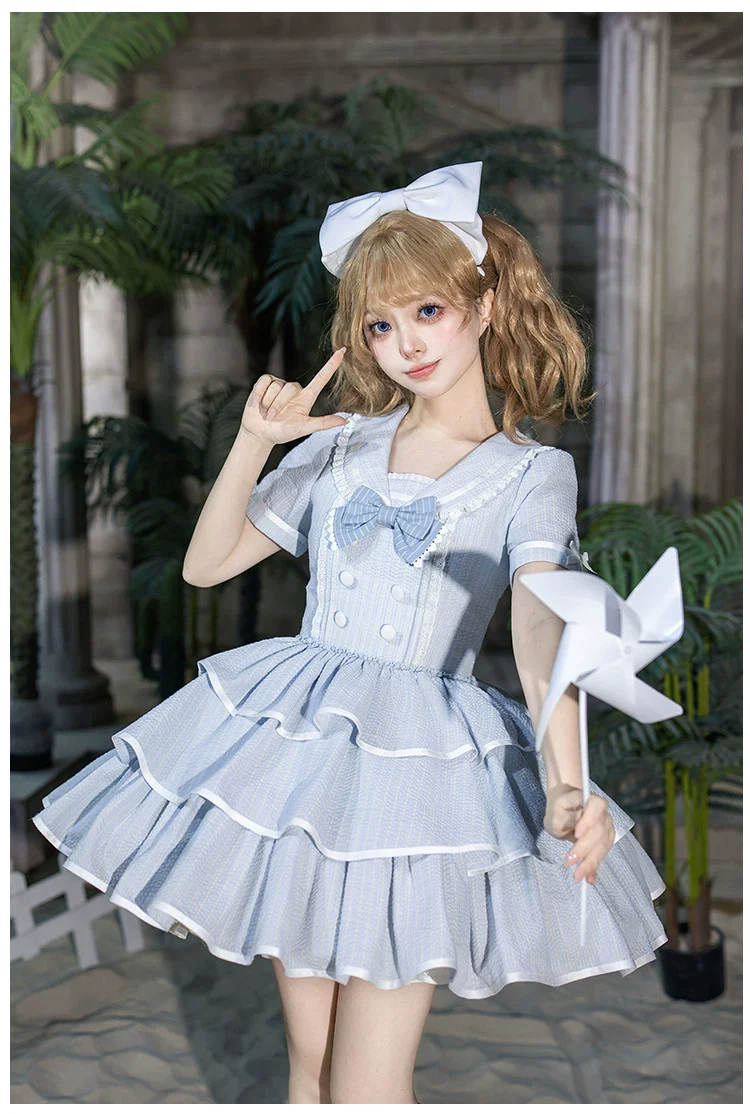 Seven-Day Bell - Blue Classic Lolita Striped OP Dress, Sailor Collar - Image 23