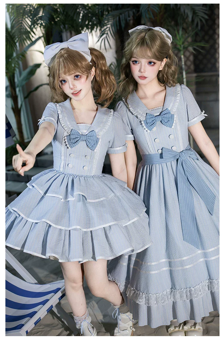 Seven-Day Bell - Blue Classic Lolita Striped OP Dress, Sailor Collar - Image 3
