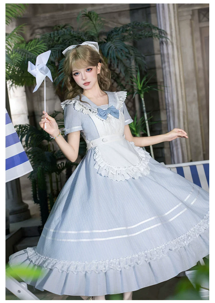 Seven-Day Bell - Blue Classic Lolita Striped OP Dress, Sailor Collar - Image 31