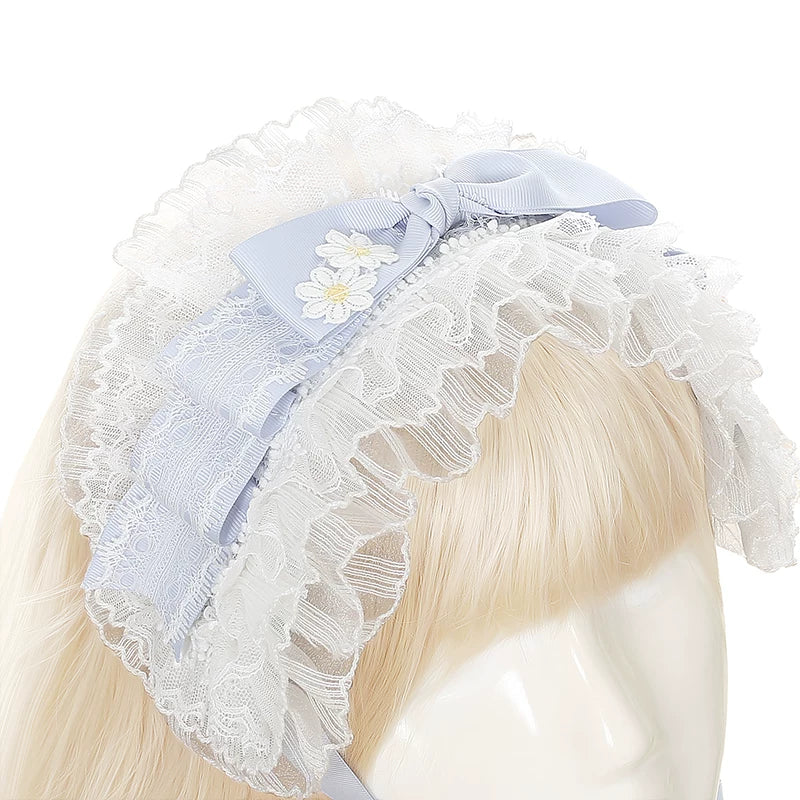 Daisy Cake - Blue Plaid Sweet Lolita JSK Dress, Daisy-trimmed Bows - Image 11