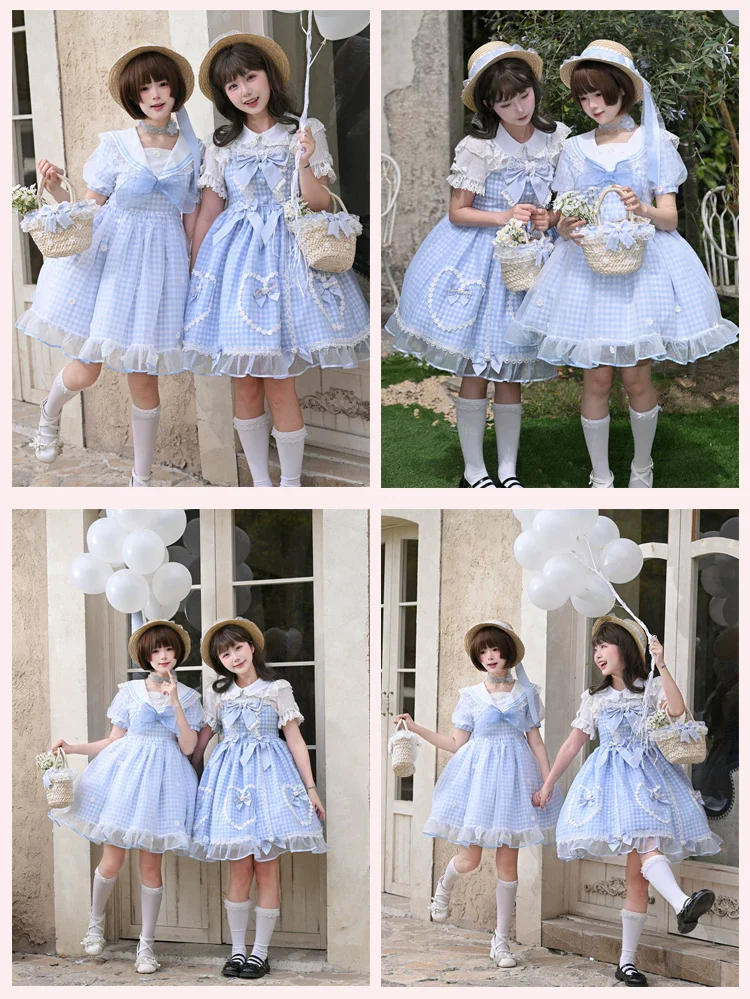 Daisy Cake - Blue Plaid Sweet Lolita JSK Dress, Daisy-trimmed Bows - Image 17