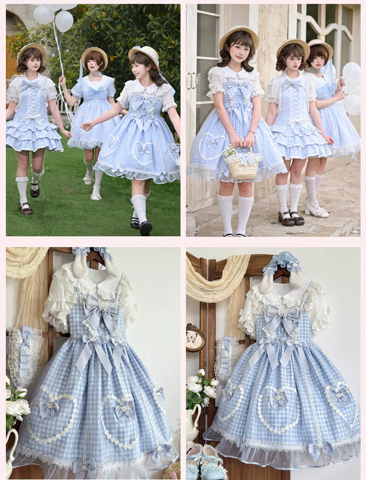 Daisy Cake - Blue Plaid Sweet Lolita JSK Dress, Daisy-trimmed Bows - Image 18