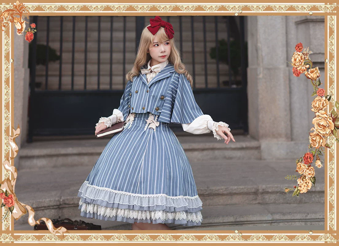 Elegant Lolita Stripe High-waist Jumper Dress Set and Cape - Image 21