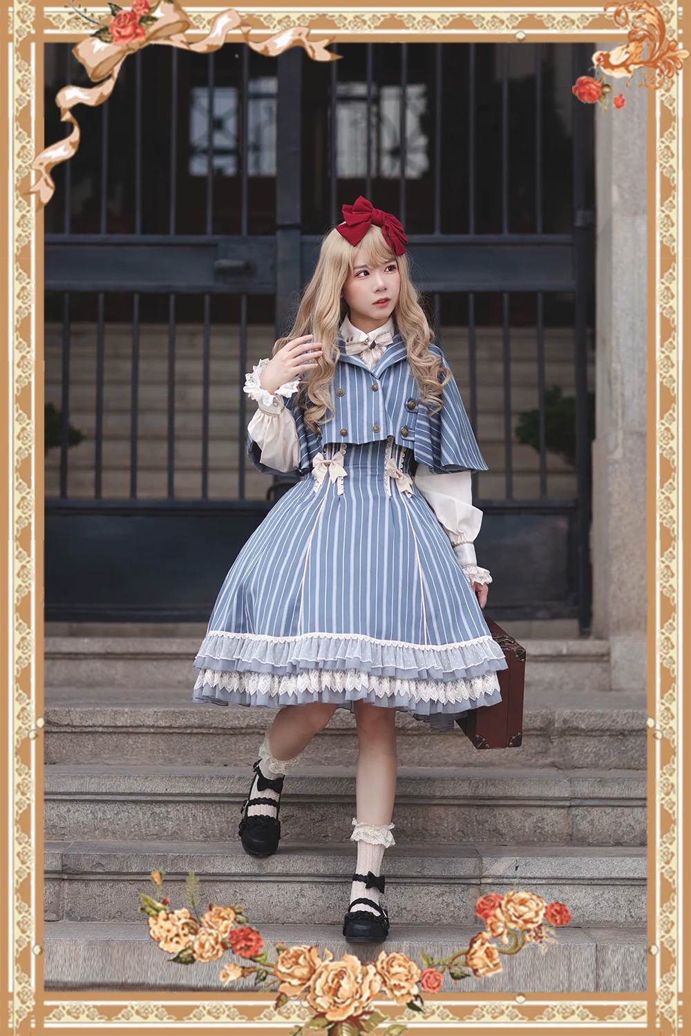 Elegant Lolita Stripe High-waist Jumper Dress Set and Cape - Image 22