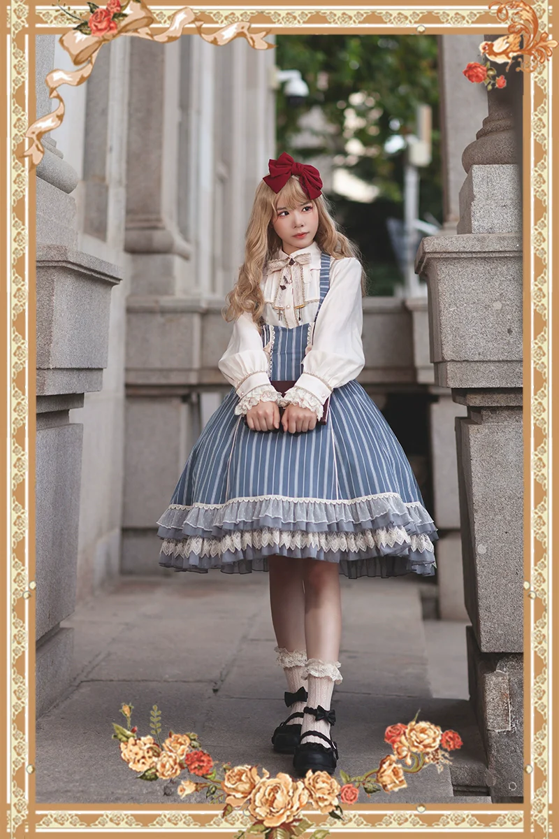 Elegant Lolita Stripe High-waist Jumper Dress Set and Cape - Image 25