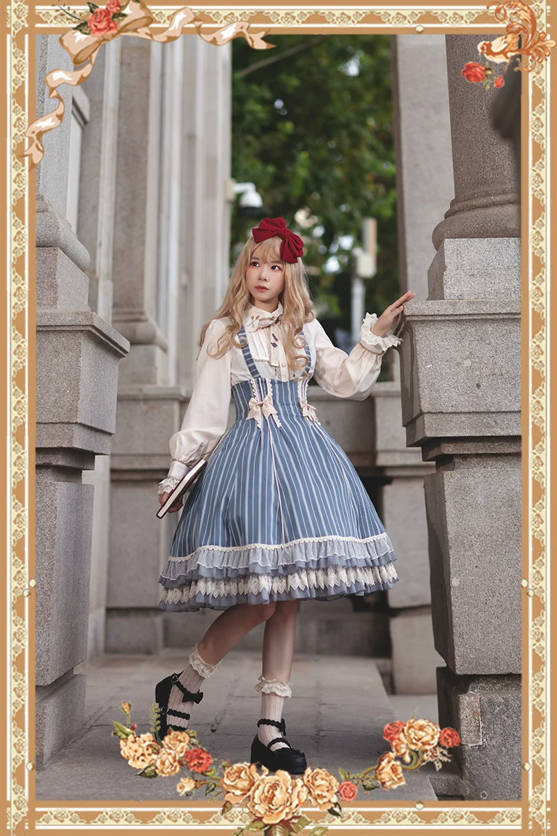 Elegant Lolita Stripe High-waist Jumper Dress Set and Cape - Image 26