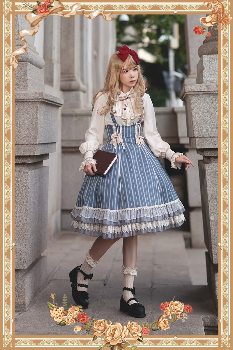 Elegant Lolita Stripe High-waist Jumper Dress Set and Cape - Image 27