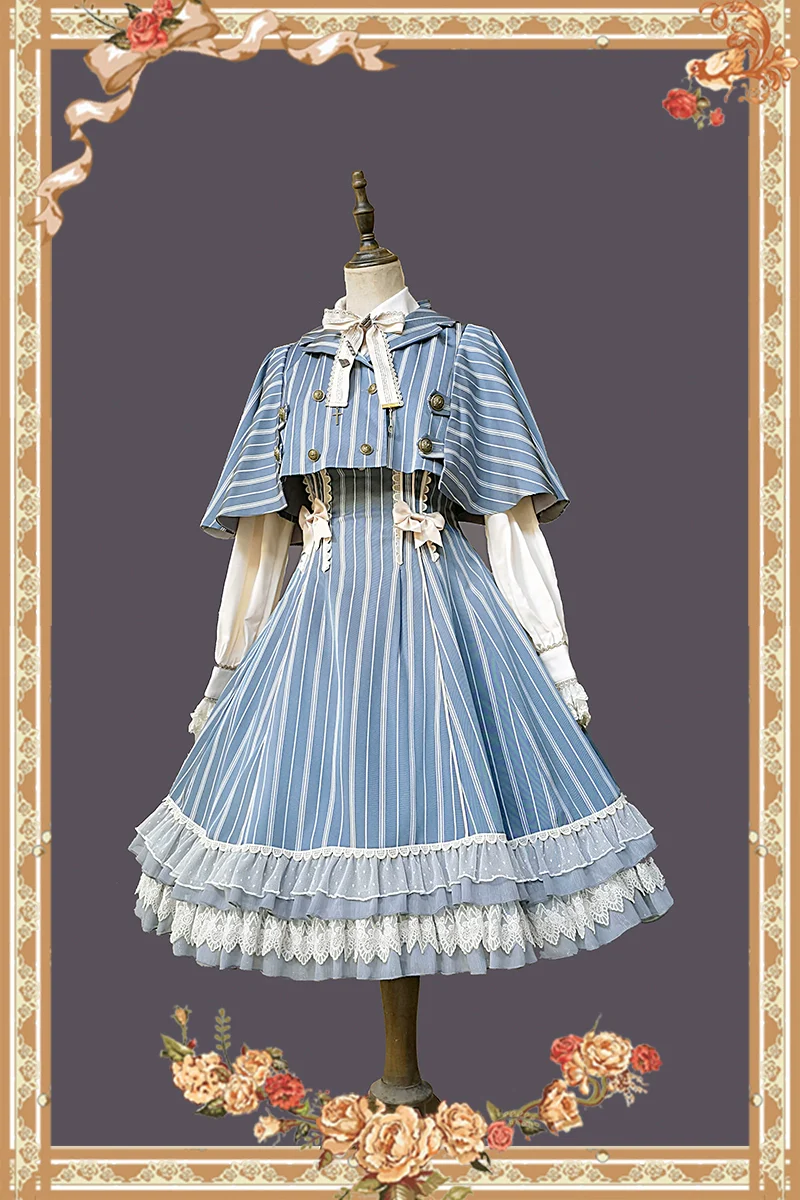 Elegant Lolita Stripe High-waist Jumper Dress Set and Cape - Image 30