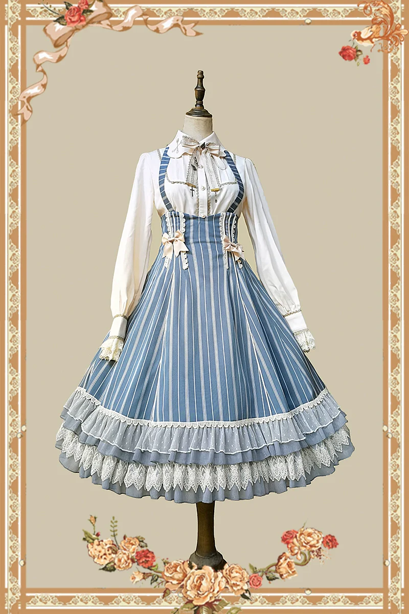Elegant Lolita Stripe High-waist Jumper Dress Set and Cape - Image 38