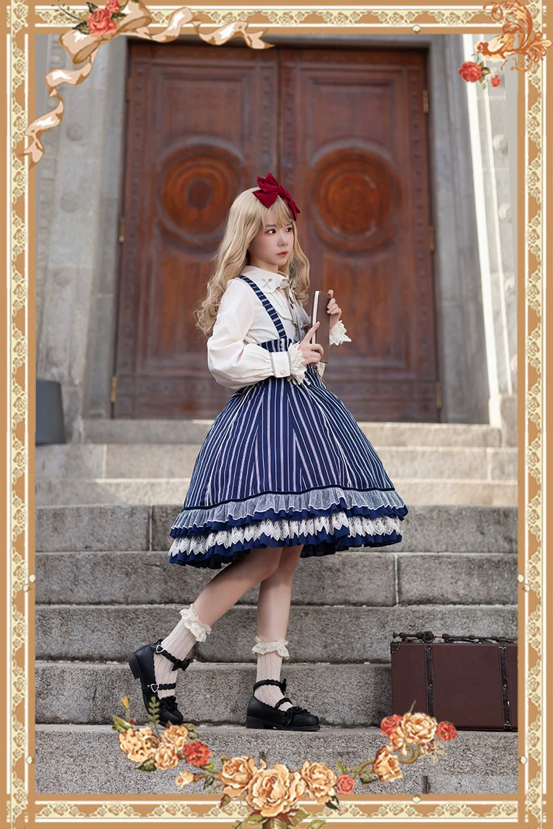 Elegant Lolita Stripe High-waist Jumper Dress Set and Cape - Image 6