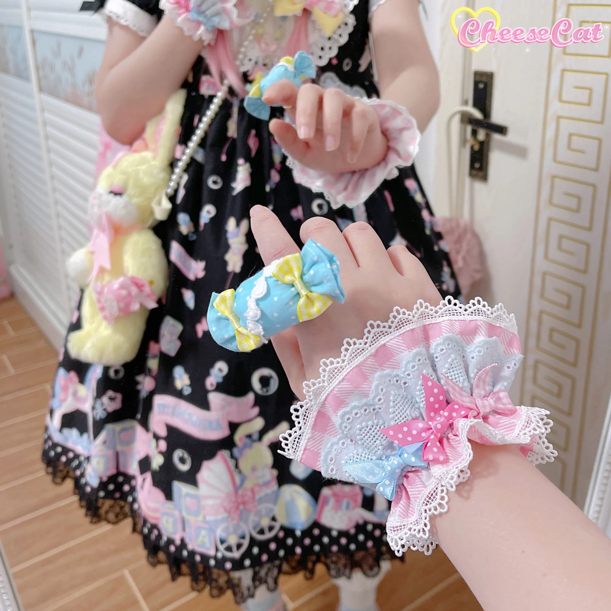 Cheese Cat - Sweet and Playful Strawberry Gingham Lace Cuffs - Image 24