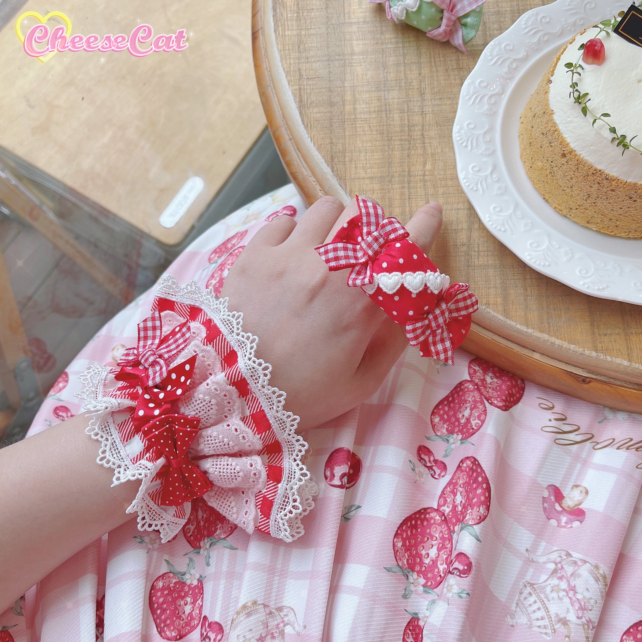 Cheese Cat - Sweet and Playful Strawberry Gingham Lace Cuffs - Image 33