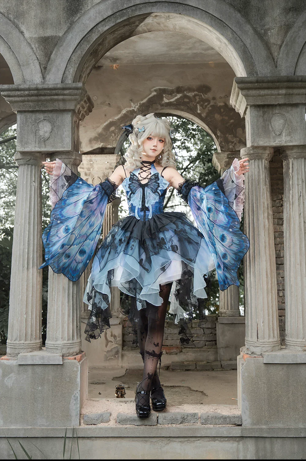 Dead Leaf Butterfly - Chiffon Gothic Lolita JSK, Irregular Tiered Skirt - Image 13