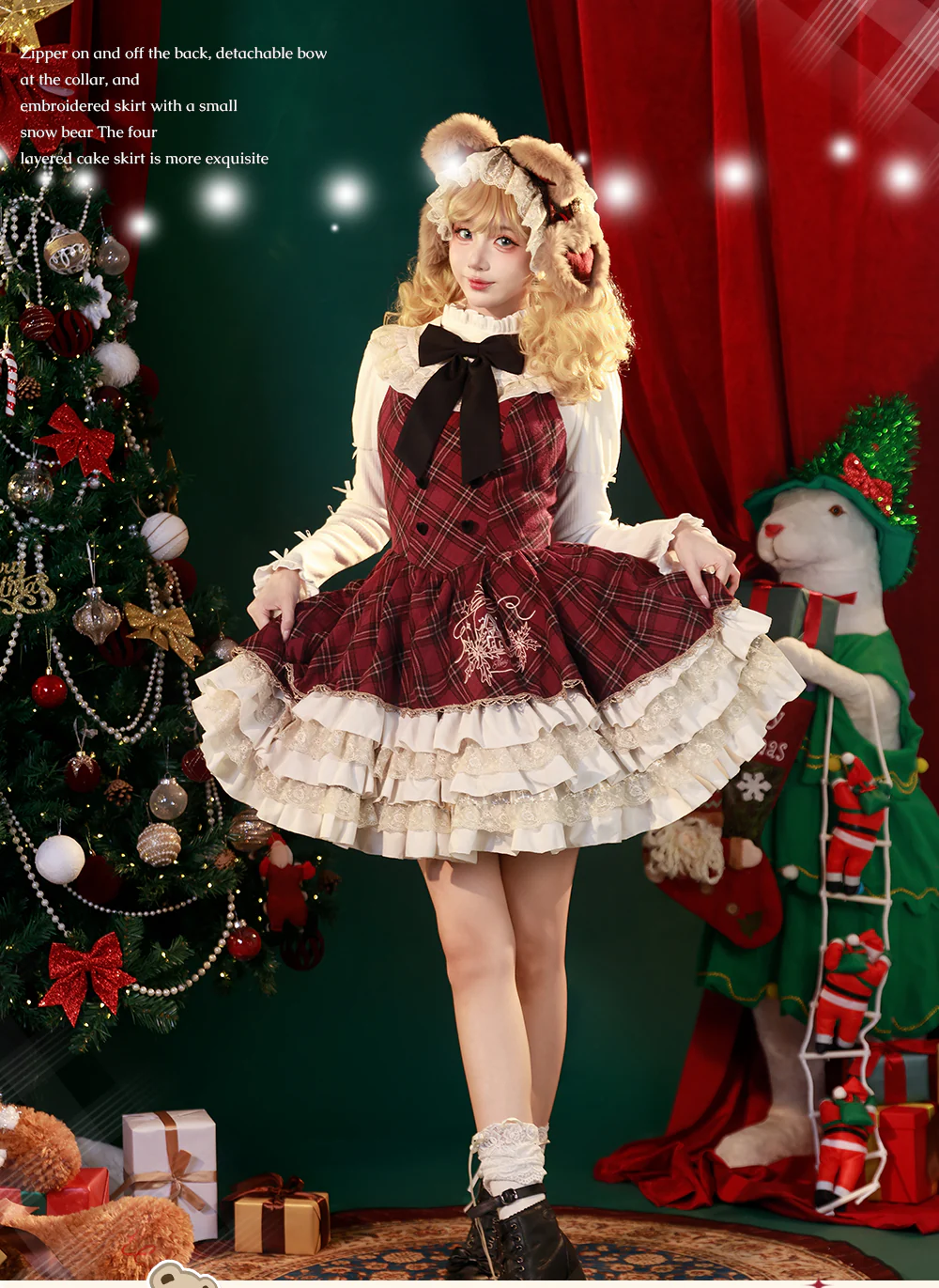Kurikuma Cocoa - Christmas Plaid Lolita JSK, Hooded Cape - Image 2