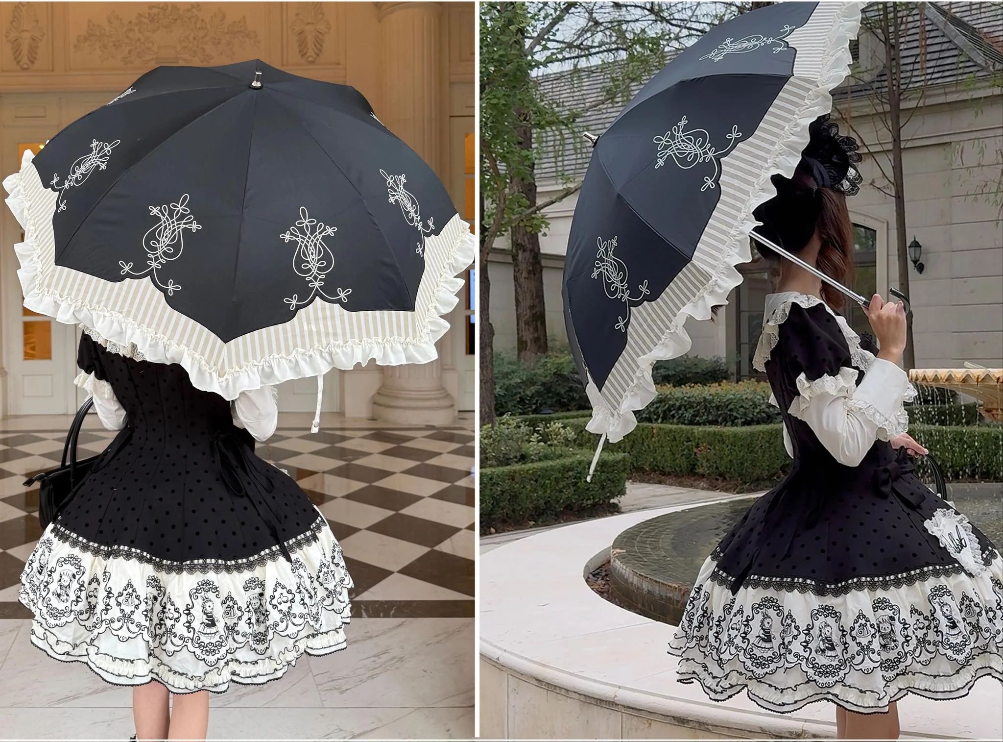 Lyre Academy - Classic Lolita 2-Fold Parasol, Lyre Print & Embroidered Trim - Image 11