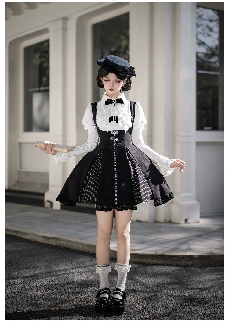 Monochrome Sonata - Classic Lolita Bust-supporting JSK Set, Piano Inspired - Image 20
