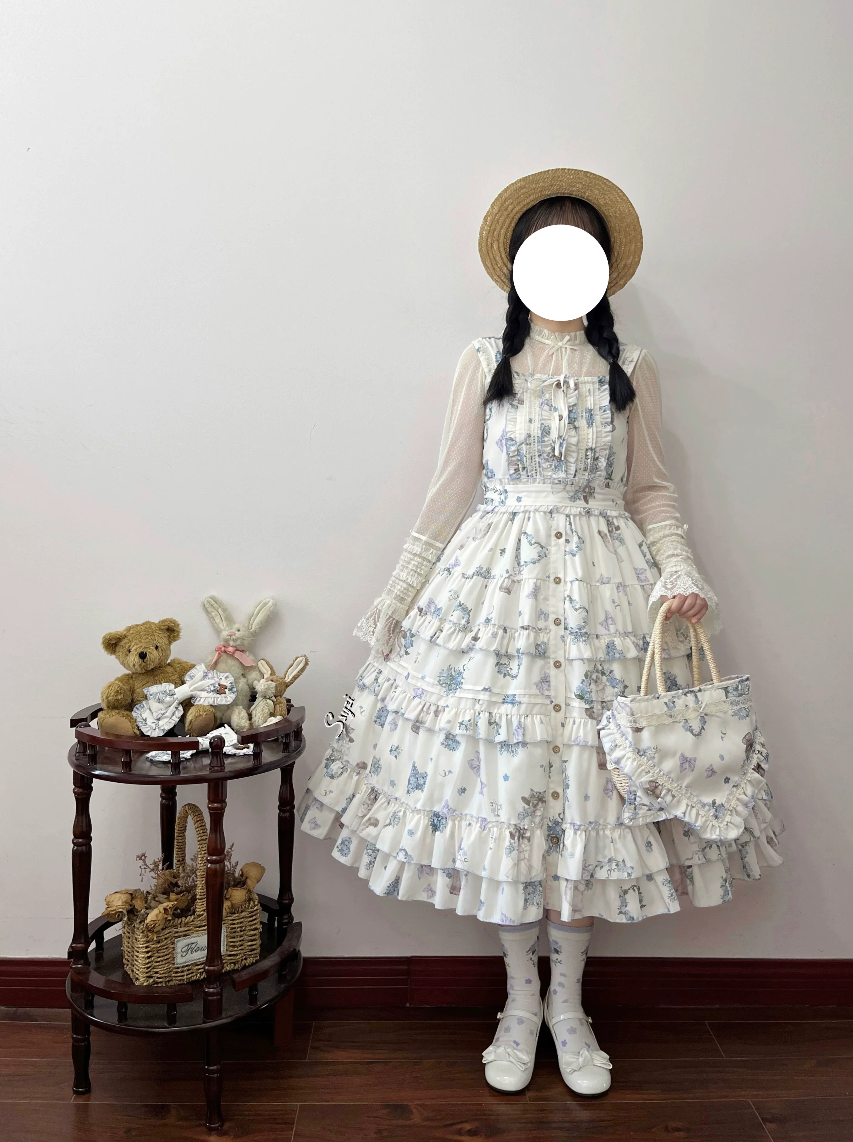 Meow Wreath - Classic Lolita Button Closure JSK Dress, Cat and Wreath Print - Image 8