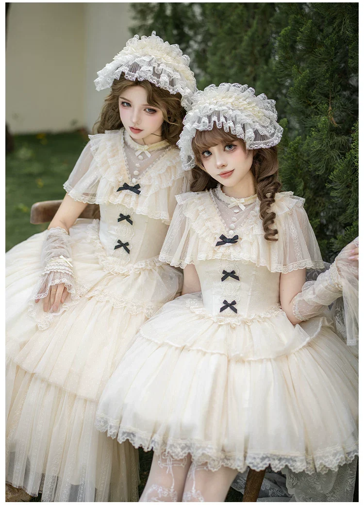 White Mist Promise - Classic Lolita Corset OP Set, Edwardian Collar & Tiered Hem - Image 15