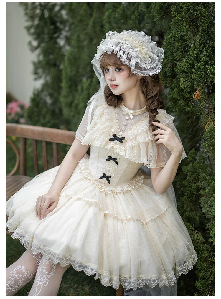 White Mist Promise - Classic Lolita Corset OP Set, Edwardian Collar & Tiered Hem - Image 23