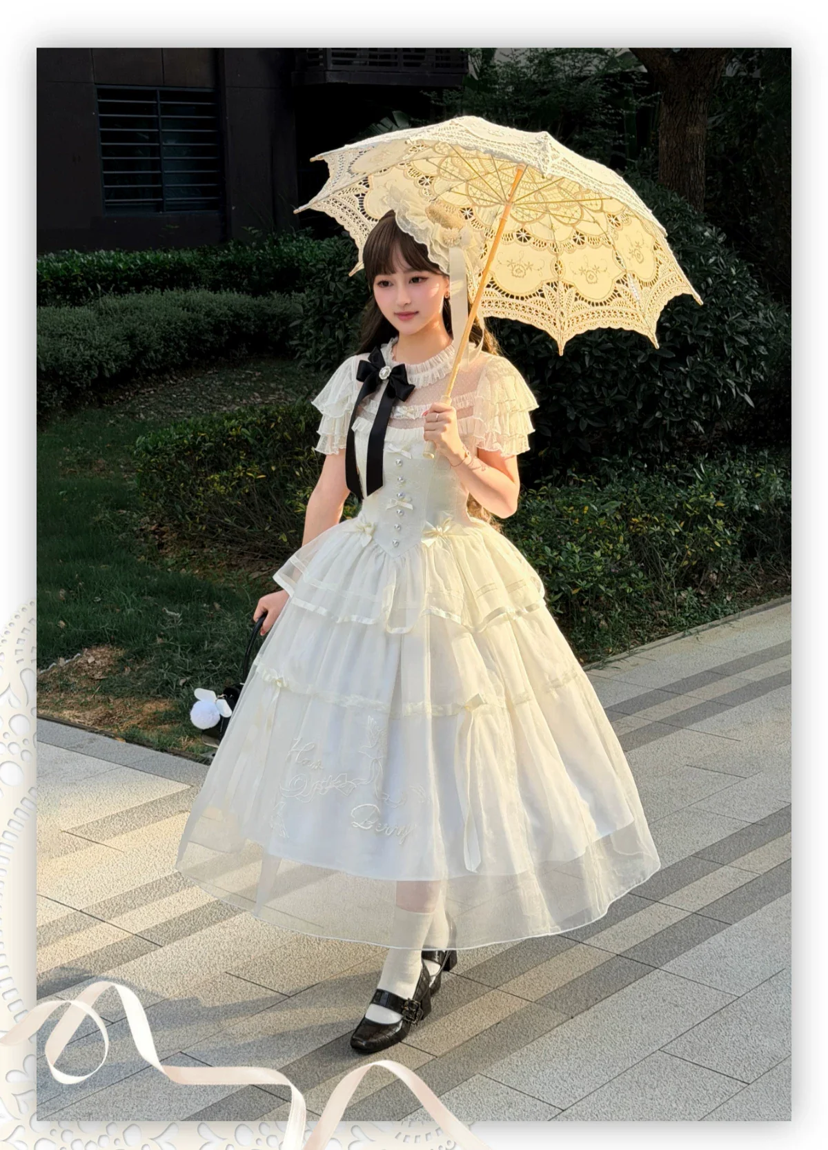 White Bird Love Letter - Classic Lolita Jacquard OP Dress, Embroidered Tulle Hem - Image 15