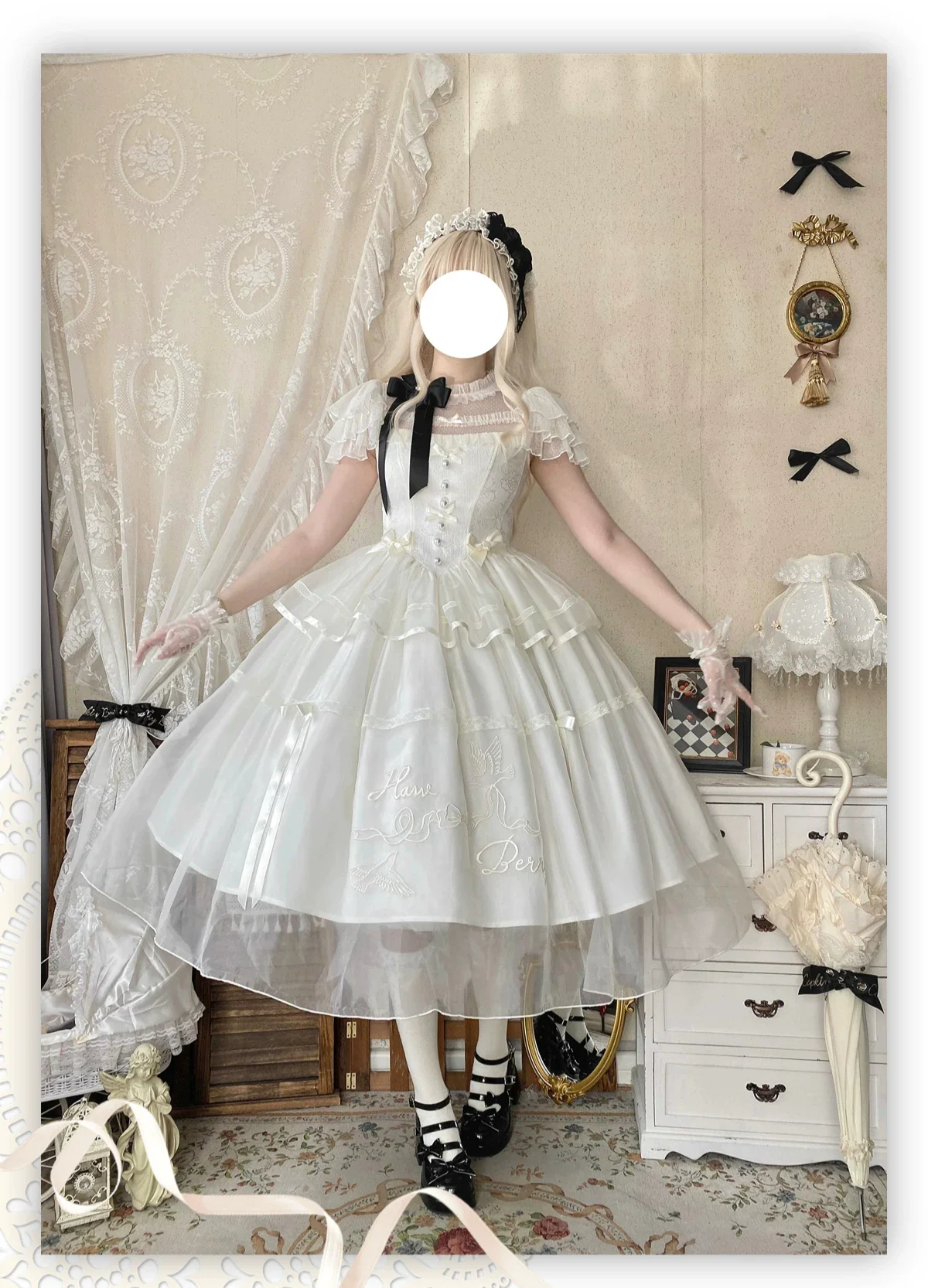 White Bird Love Letter - Classic Lolita Jacquard OP Dress, Embroidered Tulle Hem - Image 4