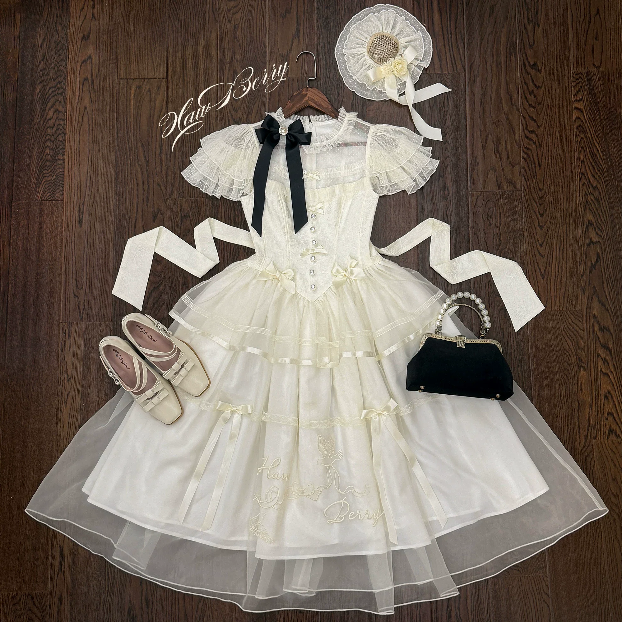 White Bird Love Letter - Classic Lolita Jacquard OP Dress, Embroidered Tulle Hem - Image 6