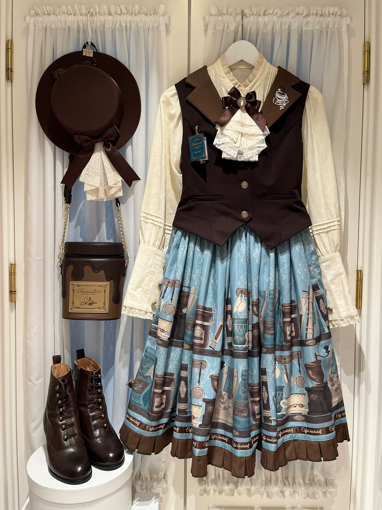 Coffee Bookshelf - Classic Lolita JSK and SK Set, Coffee Cup and Book Print - Image 3