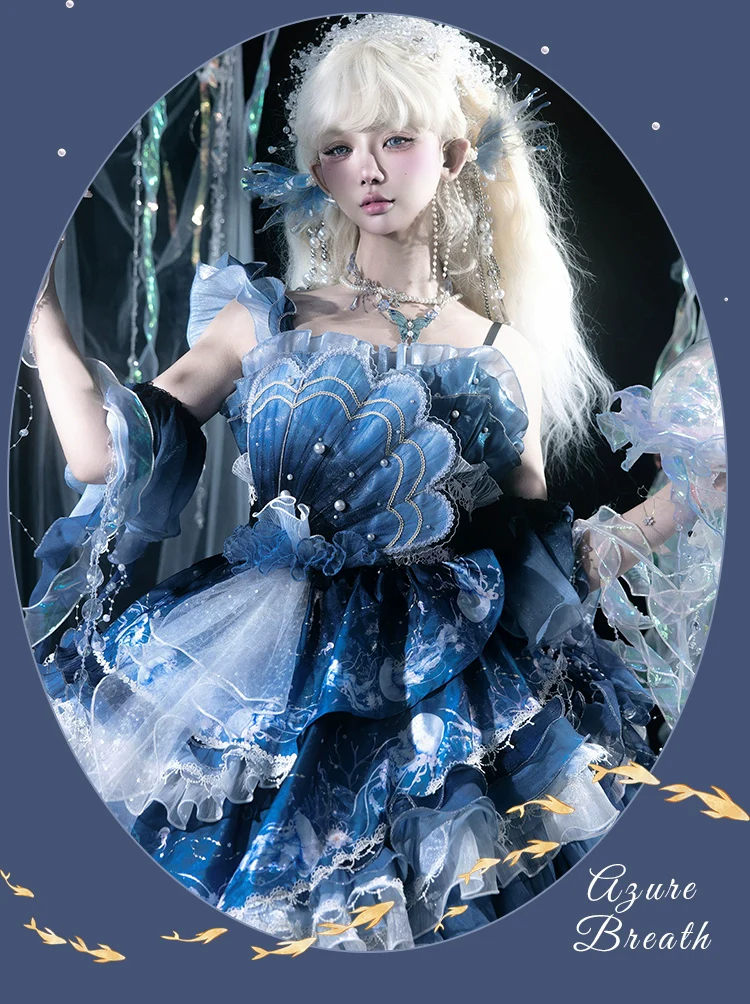 Blue Breath Jellyfish - Classic Lolita Jumper Dress, Side Zipper - Image 21